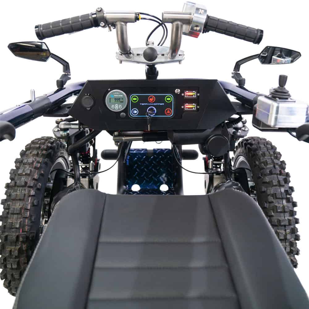 Wide view of TerrainHopper Overlander 4ZS front, featuring the control panel/tiller and handlebar steering for comfortable and responsive off-road driving.