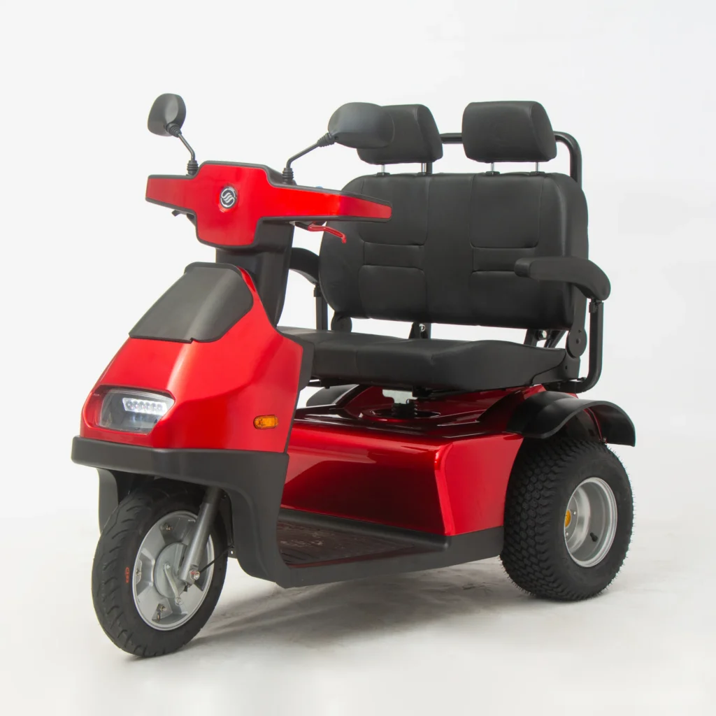 Side View of Red Afiscooter S3 Dual Seat Mobility Scooter with Golf Tires