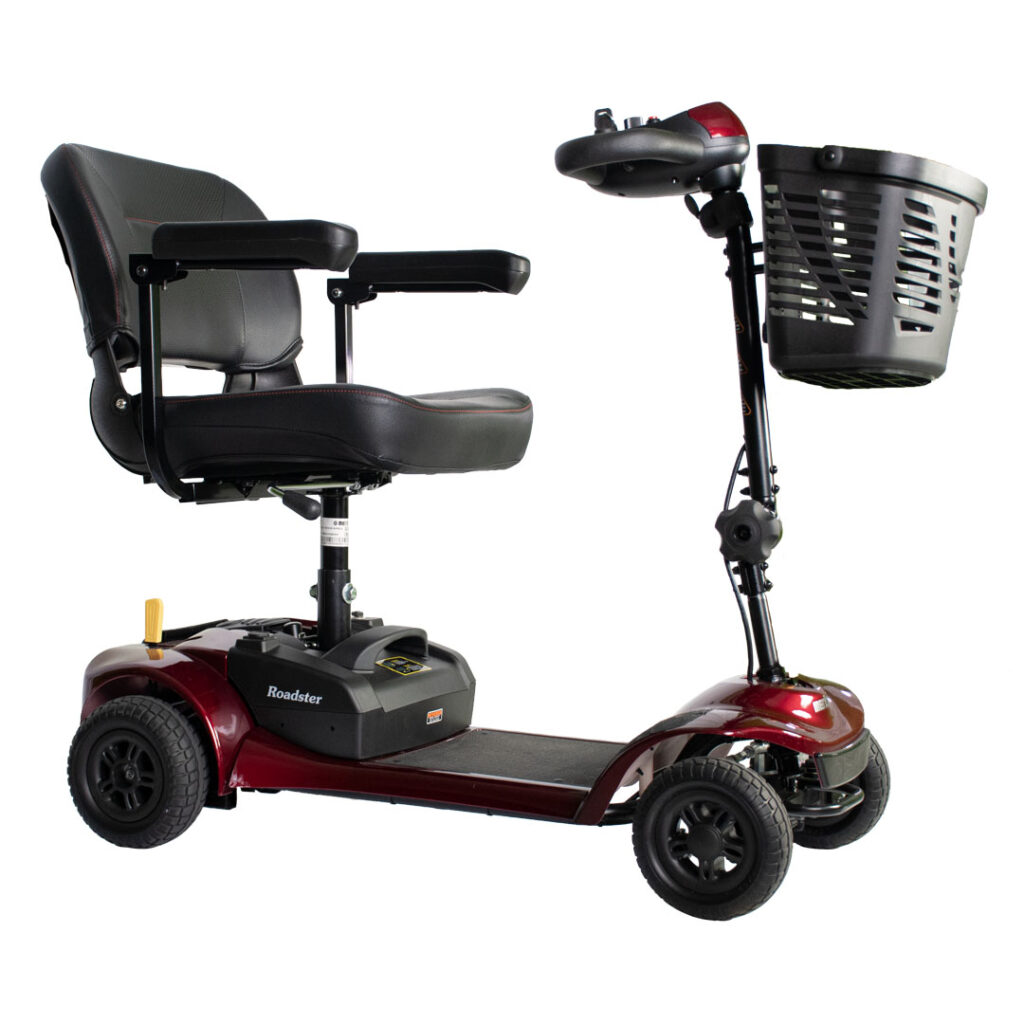 Side angle view of the Merits Roadster 4 showing the full scooter in burgundy with black padded seat and front basket, designed for easy transport.