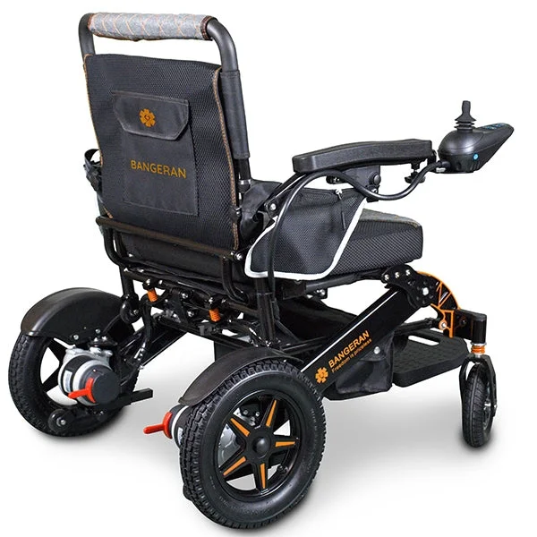 Rear quarter view right of Bangeran Mammoth wheelchair showing joystick side armrest and wheels.