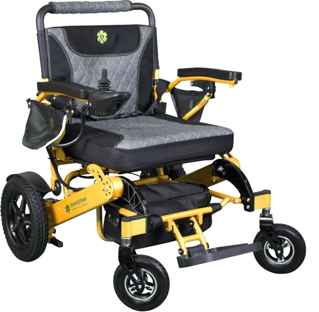 Bangeran Mammoth wheelchair in Gold showing wide seat and solid tires.