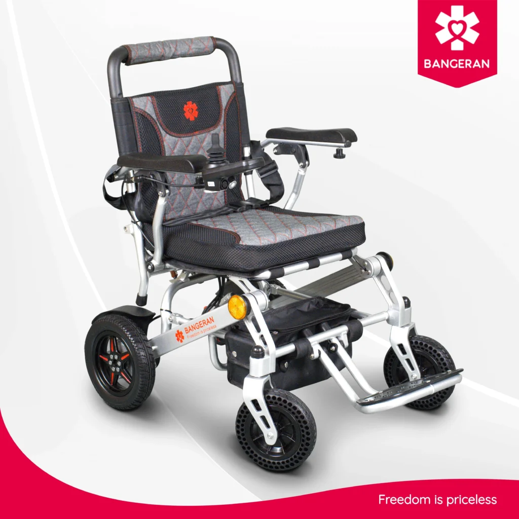 Bangeran Pegasus lightweight folding electric wheelchair in silver right angled view.