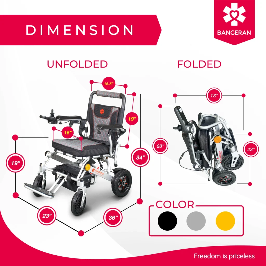 Dimension details of Bangeran Pegasus lightweight folding power chair showing unfolded and folded measurements with color options.