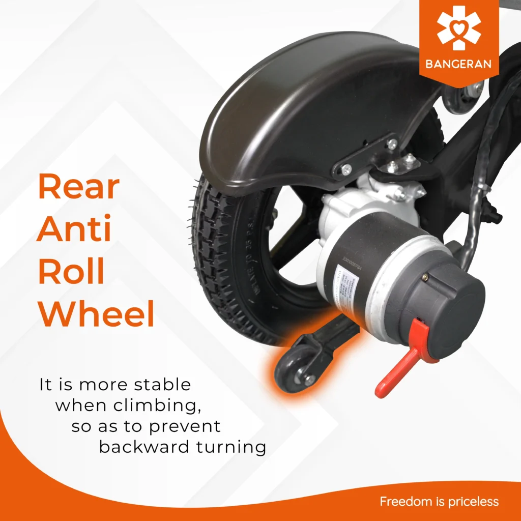 Close up view of Bangeran Mammoth rear anti roll wheel showing safety feature that prevents backward tipping.