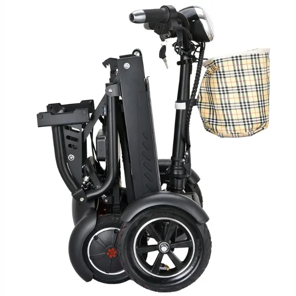 Bangeran Dragon Mobile EX scooter folded for easy storage, compact design with a plaid storage bag.