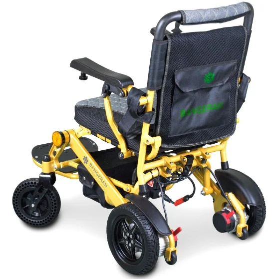 Bangeran Pegasus lightweight folding electric wheelchair left rear angled view.