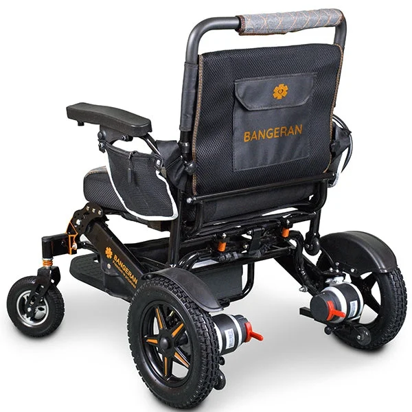 Rear quarter view left of Bangeran Mammoth wheelchair showing large rear wheels and motor placement.