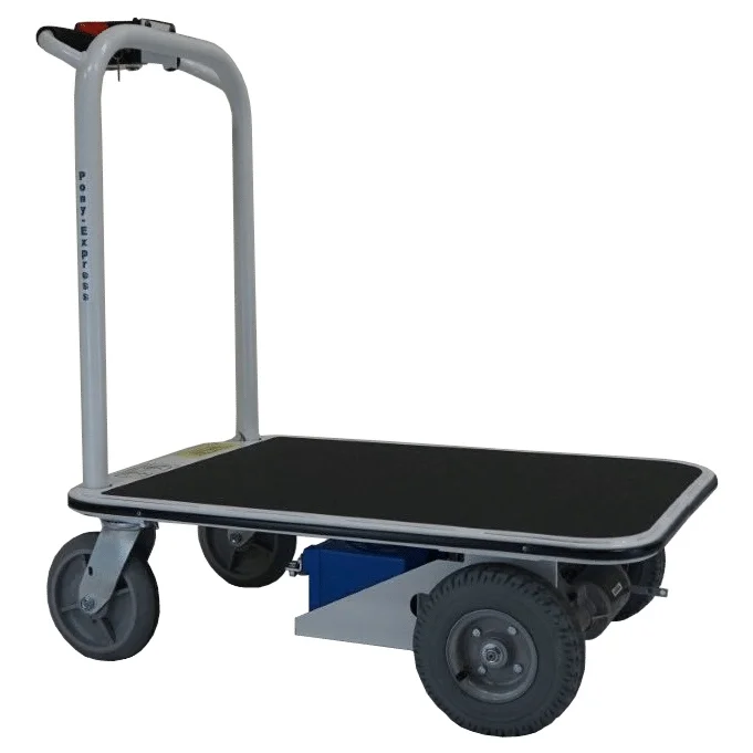 Pony Express 1040 motorized platform cart with black non slip deck and tiller handle