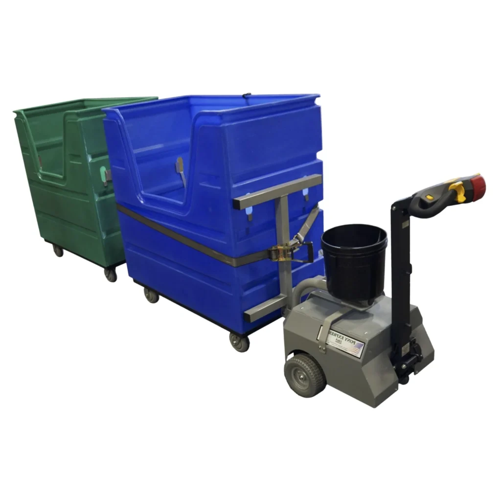 Pony Express 1065-LS Linen and Laundry Tugger pulling two large plastic laundry bins, one blue and one green, showing its ability to handle heavy loads up to 5000 lbs.