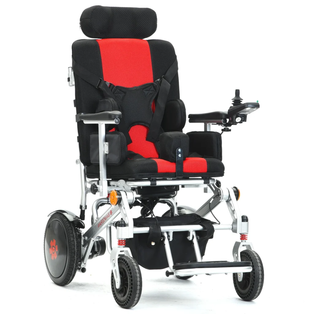 Bangeran Pegasus Cerebral Palsy power wheelchair with silver frame, black and red padded seat, headrest, and joystick control.