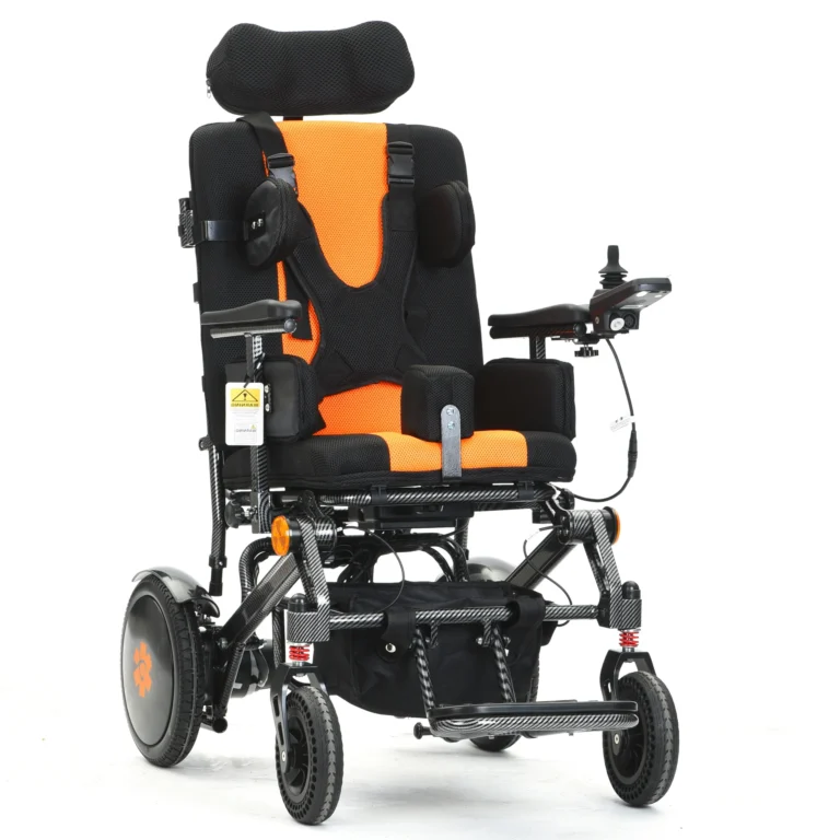 Bangeran Pegasus Cerebral Palsy power wheelchair with black and orange seat, headrest, and joystick control.
