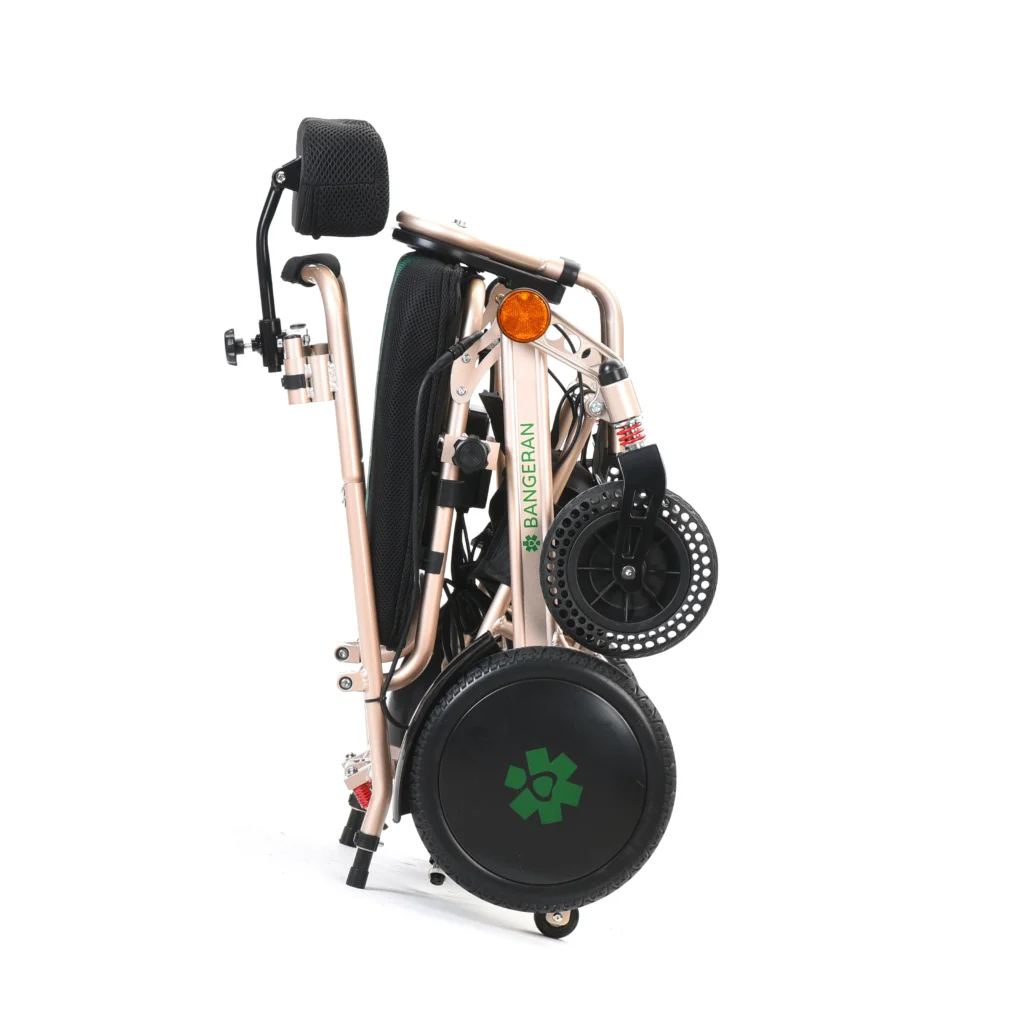 Folded Bangeran Pegasus Cerebral Palsy electric wheelchair standing upright for storage.