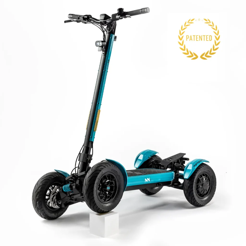 MIA SPYQE GT blue electric scooter with patented four wheel design for stable urban riding
