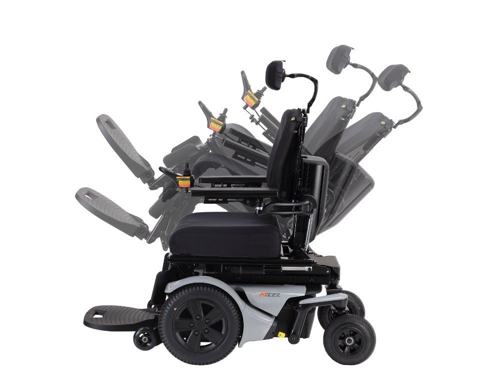 Axcel P335 power tilt range from upright to 50 degrees