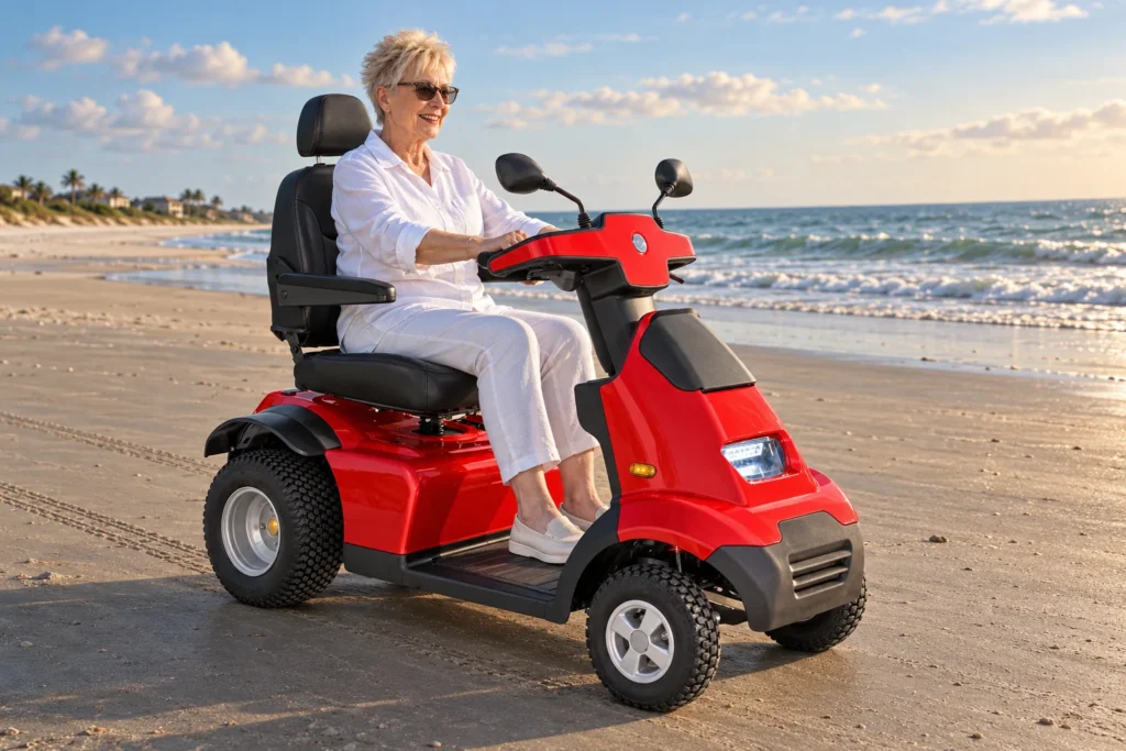 Afiscooter S4 all terrain mobility scooter riding on hard wet sand at low tide
