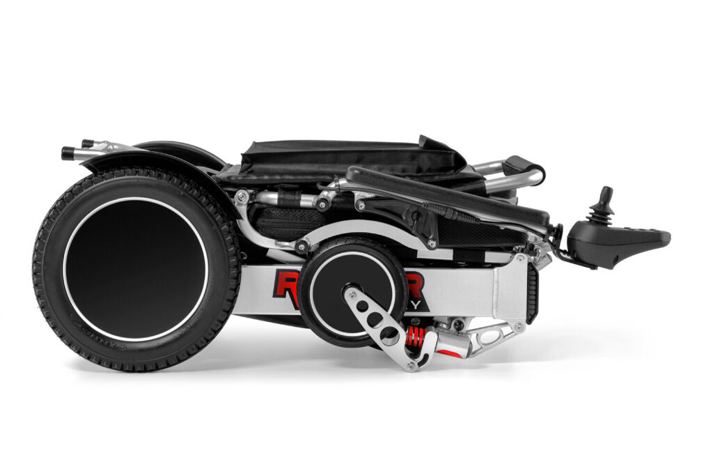 Porto Mobility Ranger Discovery XL folding power wheelchair folded flat, side view