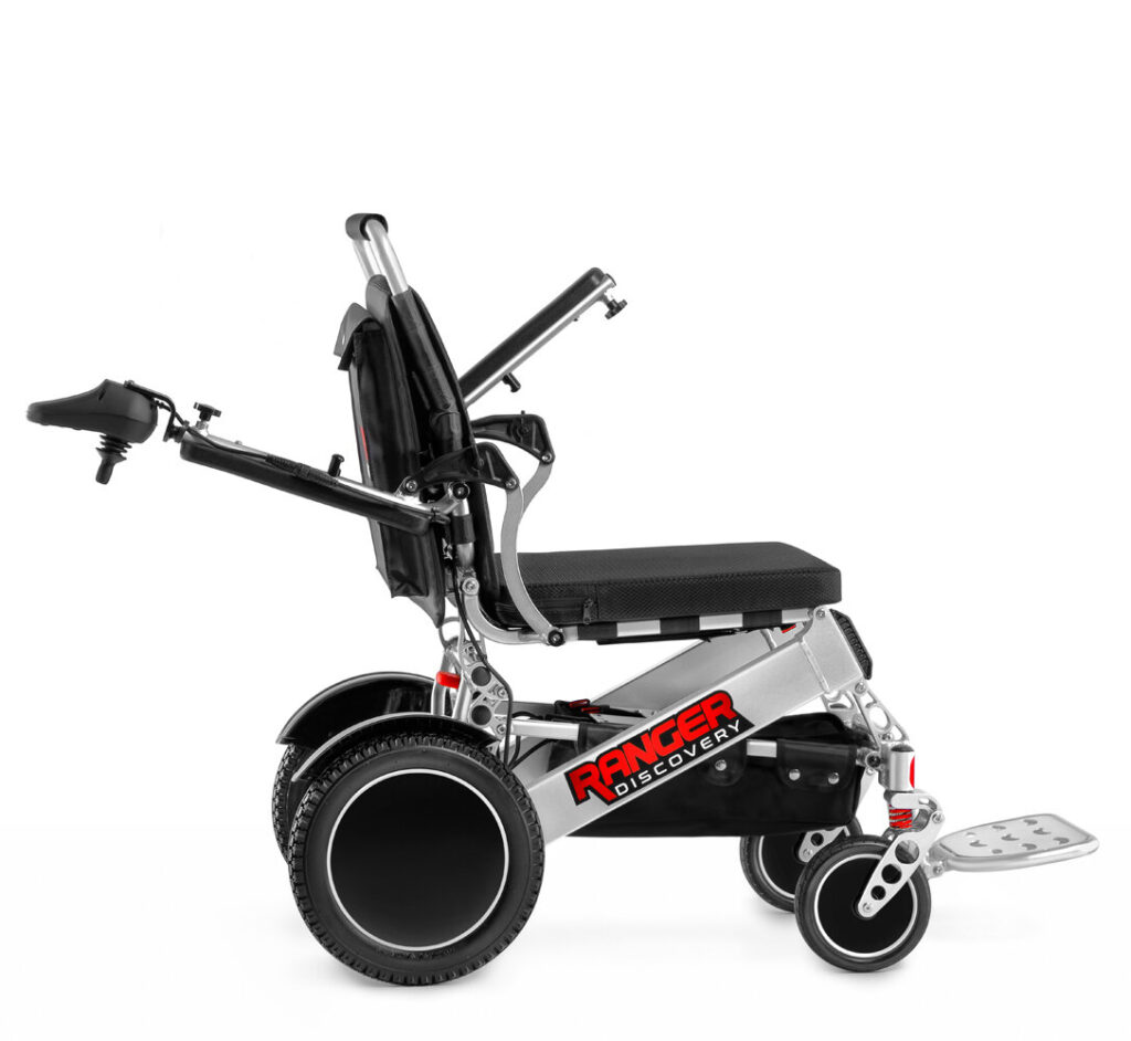 Porto Mobility Ranger Discovery XXL folding power wheelchair, side view with both armrests swung back