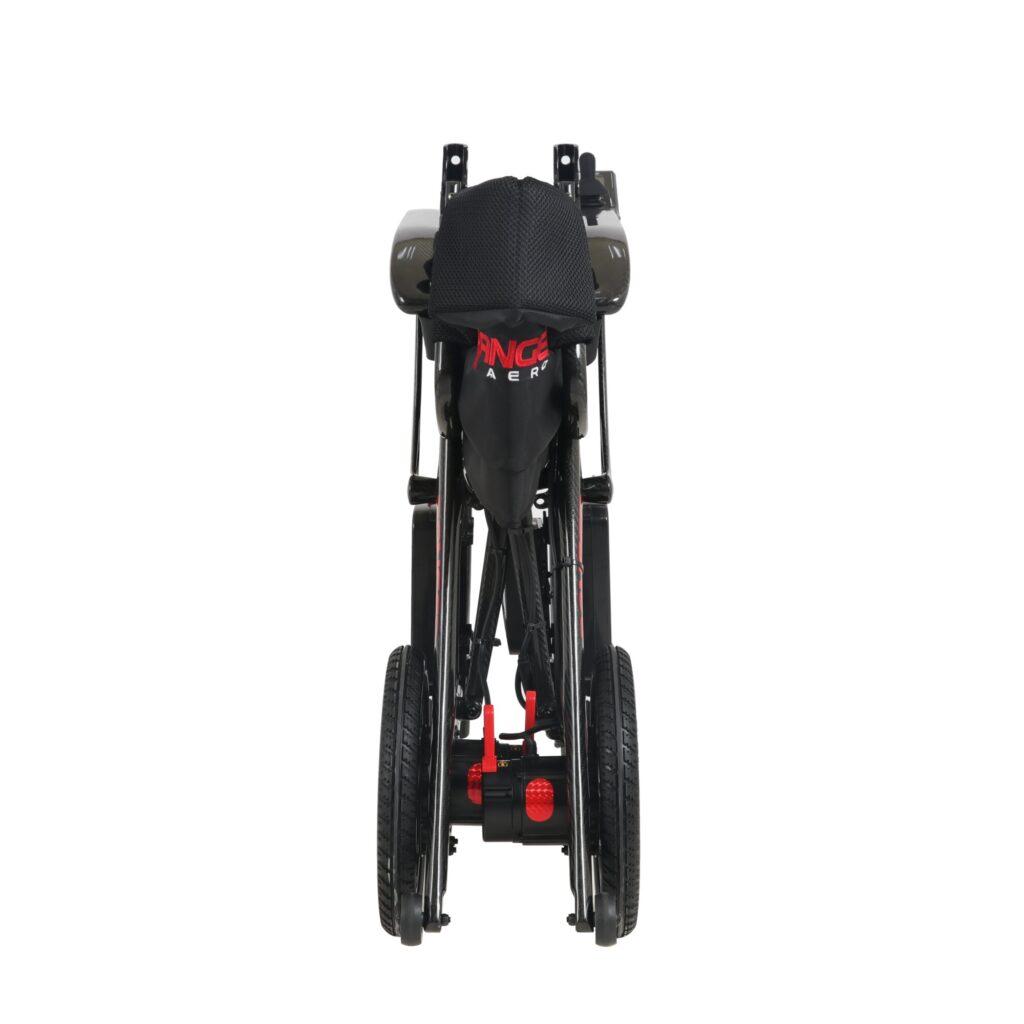 Porto Mobility Ranger Aero folding power wheelchair folded, narrow end view