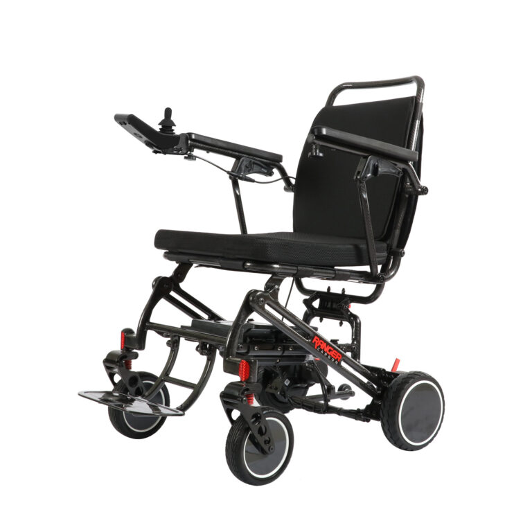 Porto Mobility Ranger Carbon folding power wheelchair, angled front view