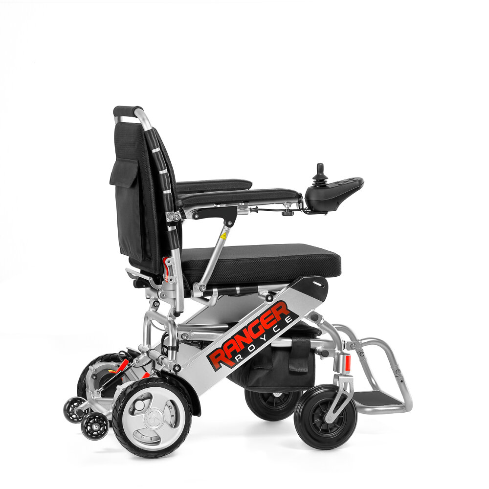 Porto Mobility Ranger Royce folding power wheelchair, side view with joystick on armrest